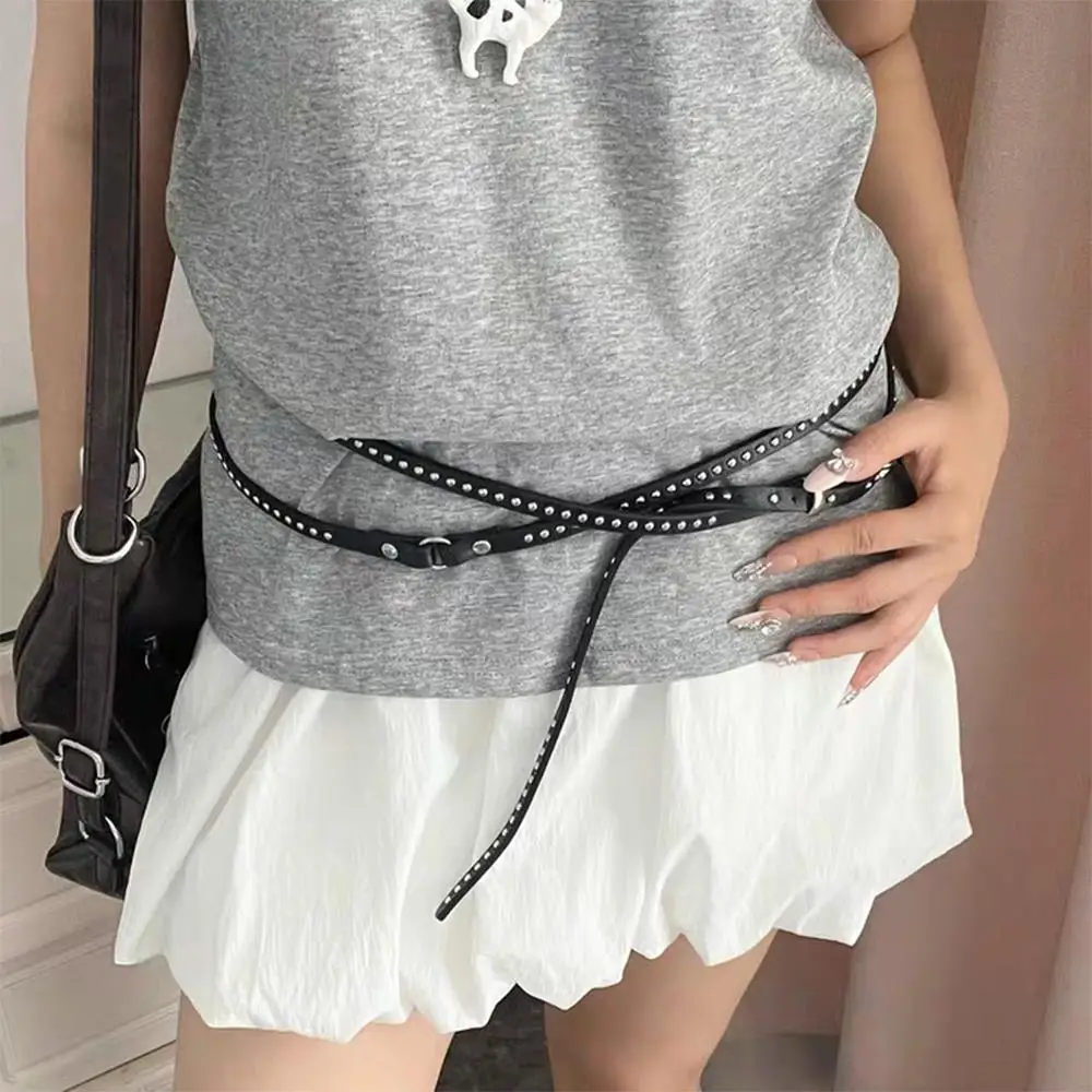 

Spicy Girl Silver Rivet Leather Double Thin Belt Women Men PU Black White Waist Strap Trendy Waistband Jeans Skirt Decoration