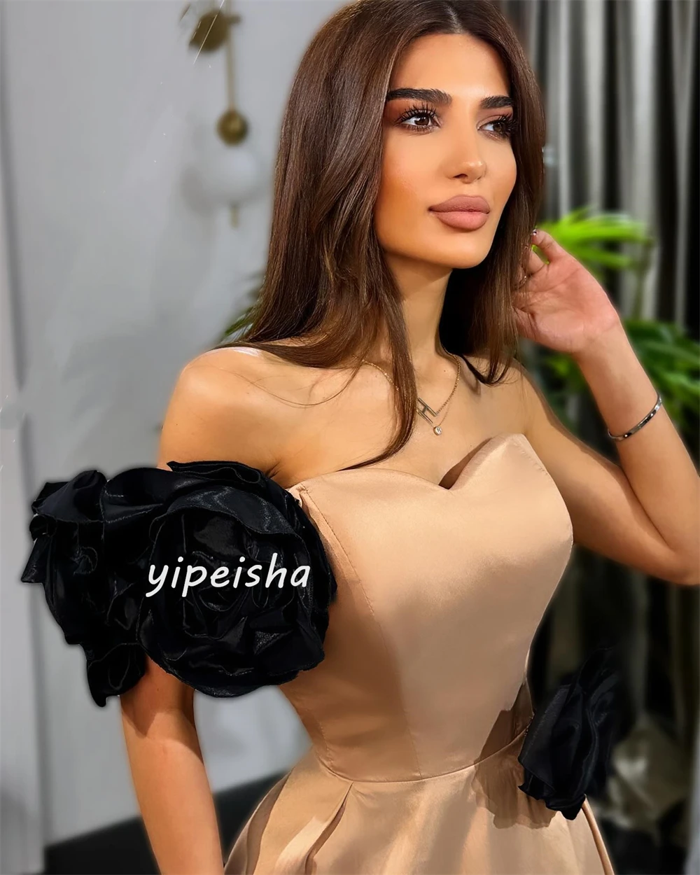 Jersey Blume geraffte Verlobung A-Linie One-Shoulder maßge schneiderte Anlass Kleid lange Kleider