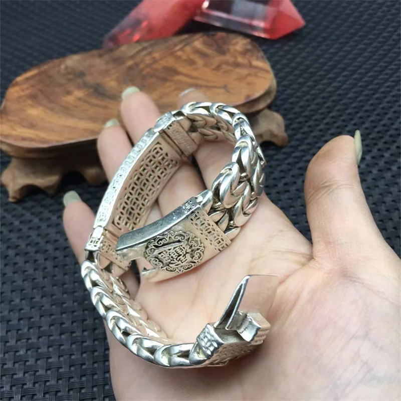 Old Tibetan Silver Inlaid Chinese Zodiac Yellow Dragon Bracelet Fashion Personality Men and Women Couples Gift 4