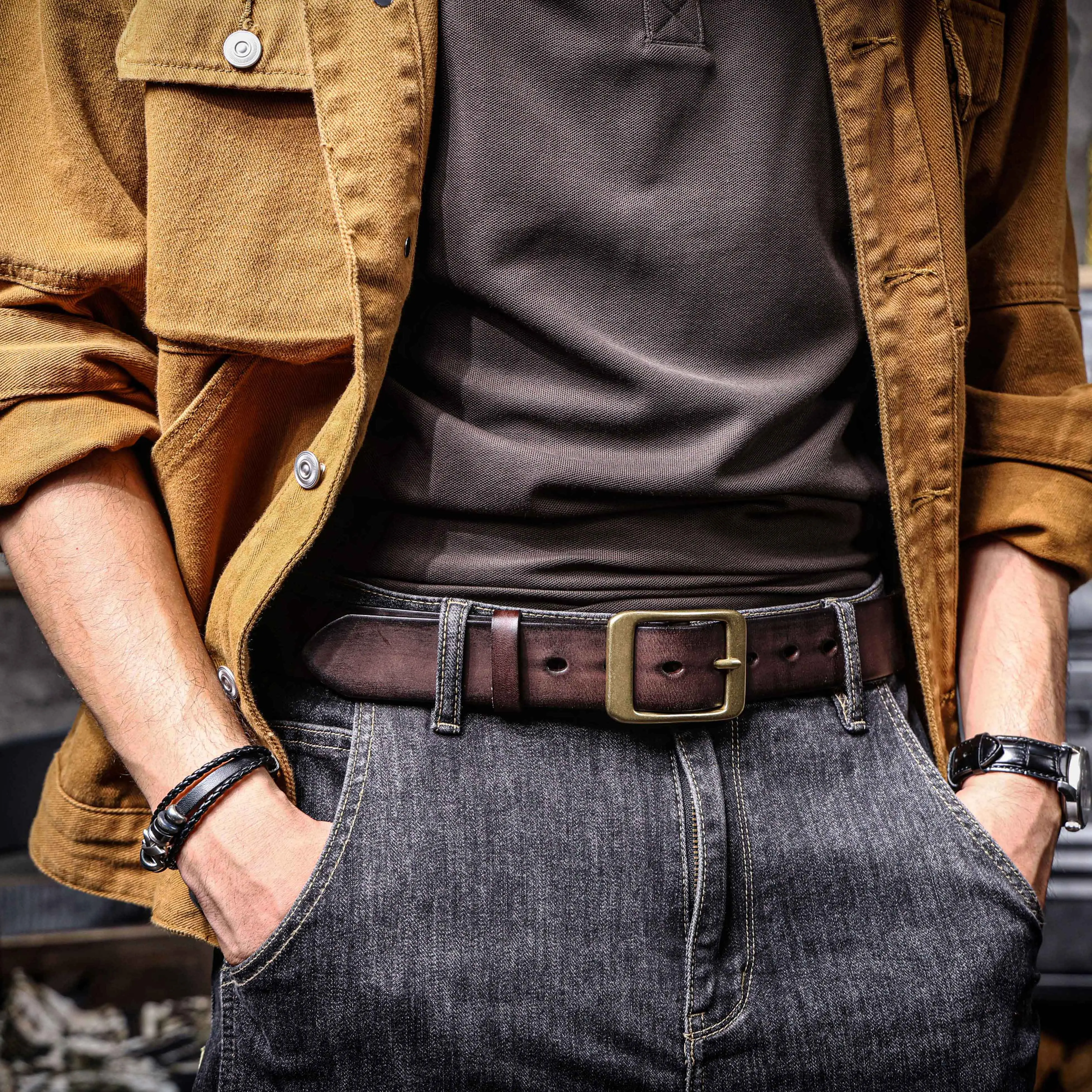Vintage Echt leder Herren gürtel mit massiver Messings chnalle, hand gefertigte lässige Nadel schnalle verdicktes italienisches Rindsleder mit Geschenk box – Detail 7