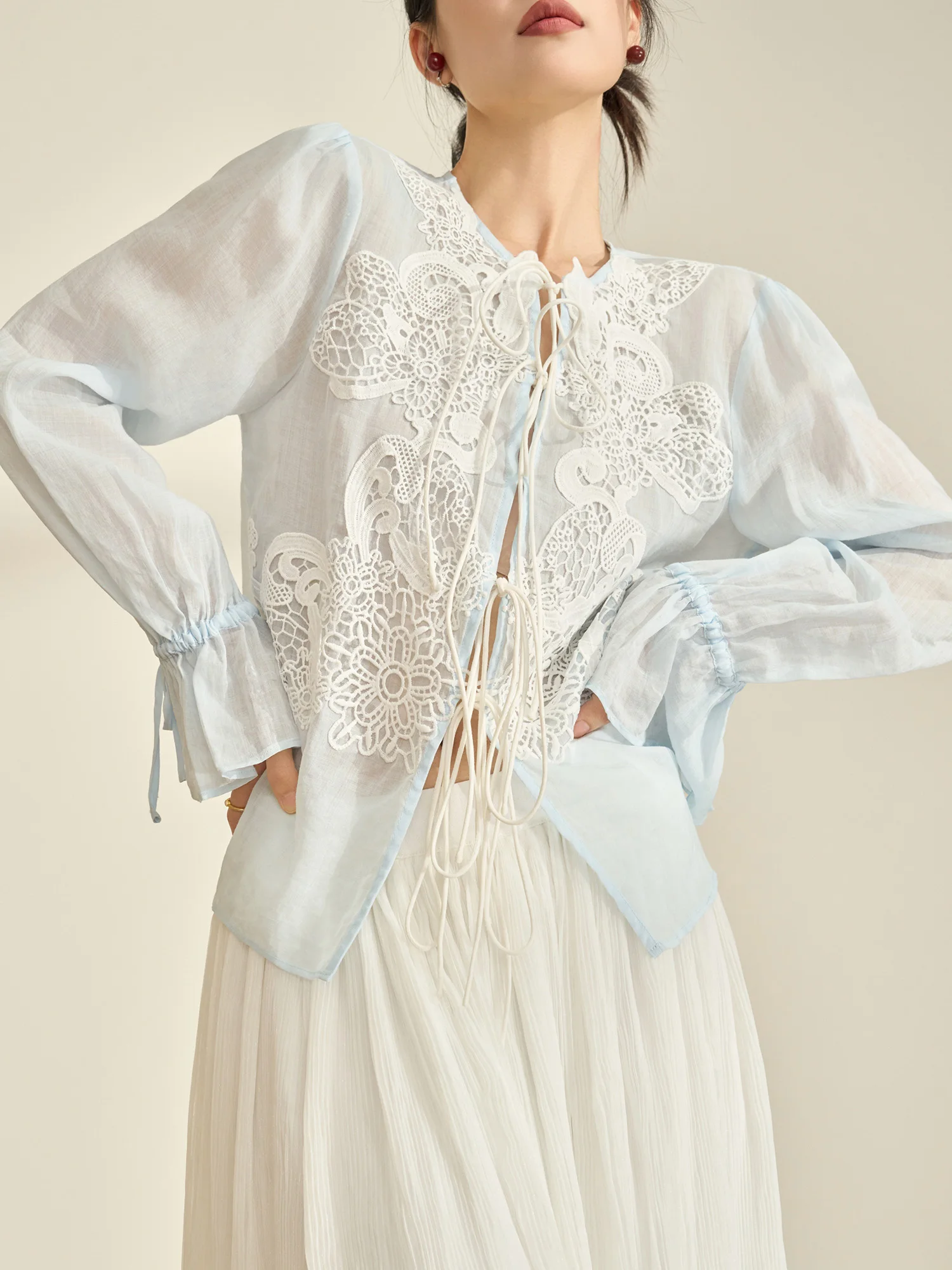 

Ele Blue Lace Embroidery Long Sve irt for Women Important Ocns Spring Faion Casual Commute Sle Loose Fit