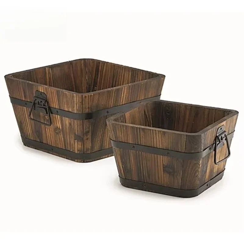 Set of 2 wooden barrels, bathtub and wooden flower pot/planting pot and wooden bucket