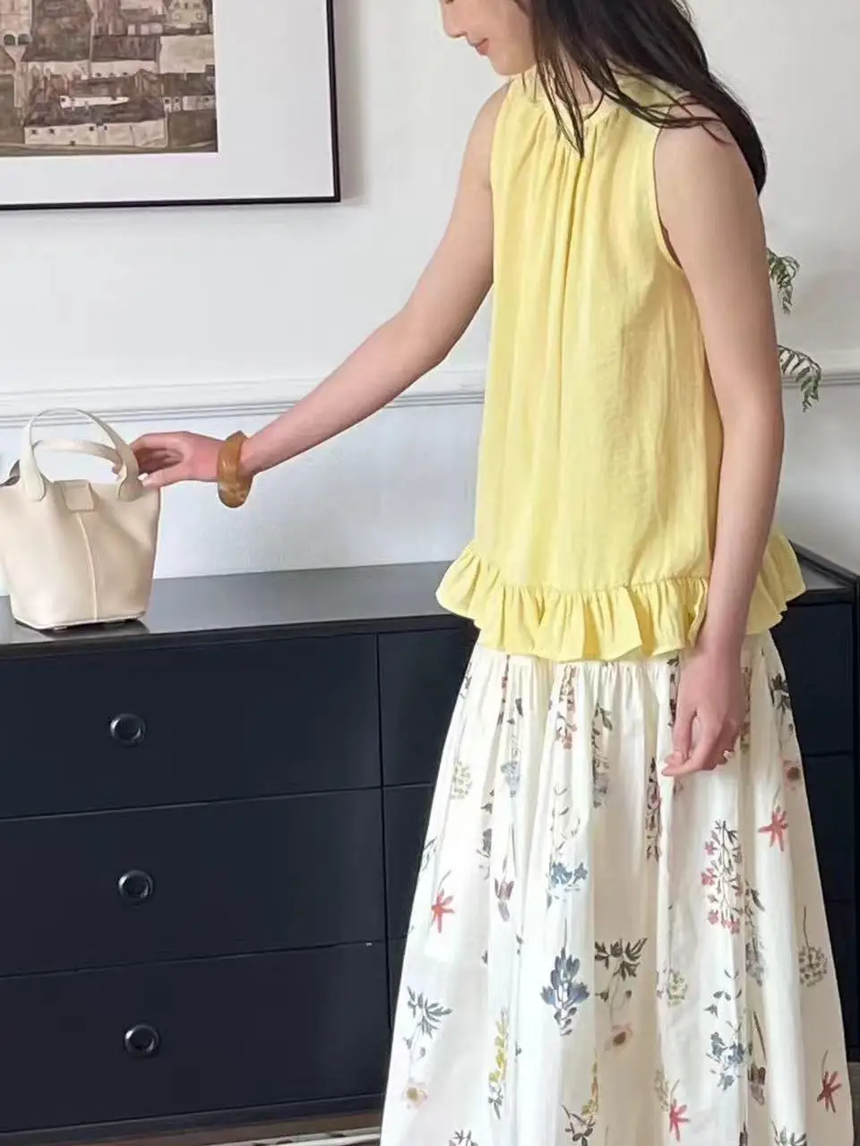 

LZoo Goose Yellow round Ne Hanging Ne Design Sense Belted Lace Trim Svel Loose Top Small irt Women's Summer Faion