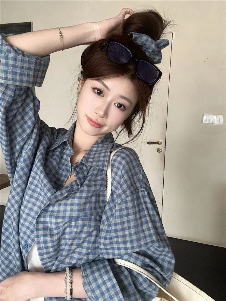 

Retro Korean Blue Plaid Long Sleeve Women's Shirt Jacket Lightweight Sun Protection Early Spring Trendy Top Open Cardigan