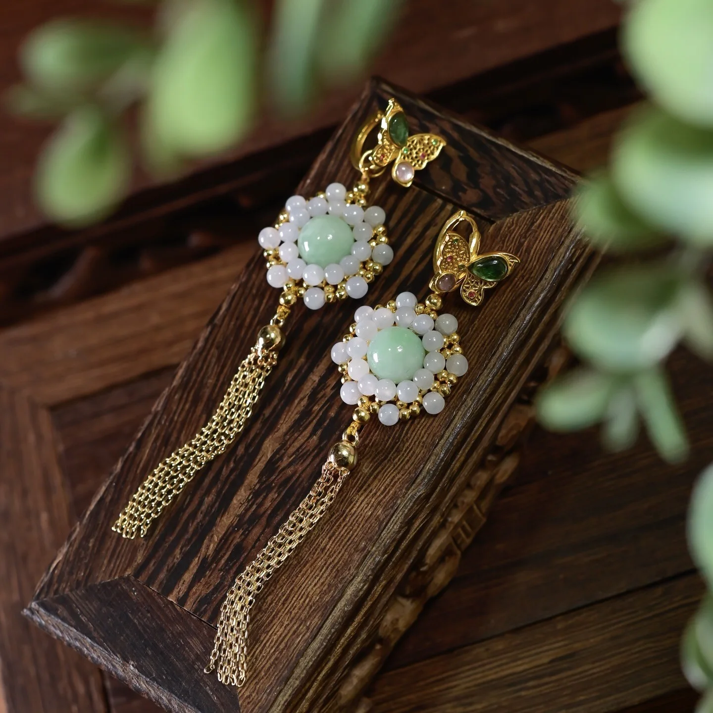 Natural Grade A Two-tone Jadeite Drop Earrings, Tourmaline Inlaid Butterfly Tassel Gilded S925 Silver Women Ear Jewelry