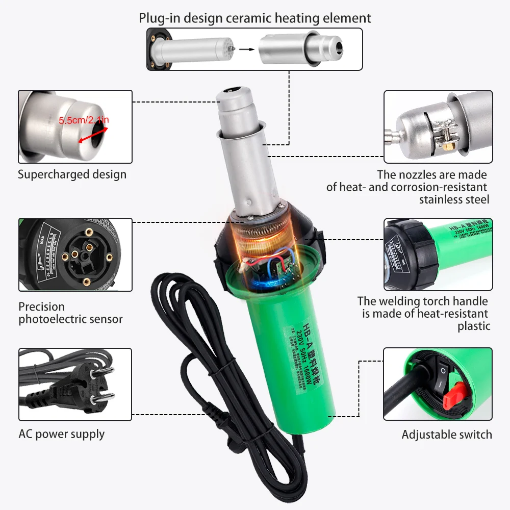 Pistola de soldadura de plástico de 1600W y 220V, soplador de aire caliente, antorcha de calor, boquilla de soldador, máquina de soldadura de