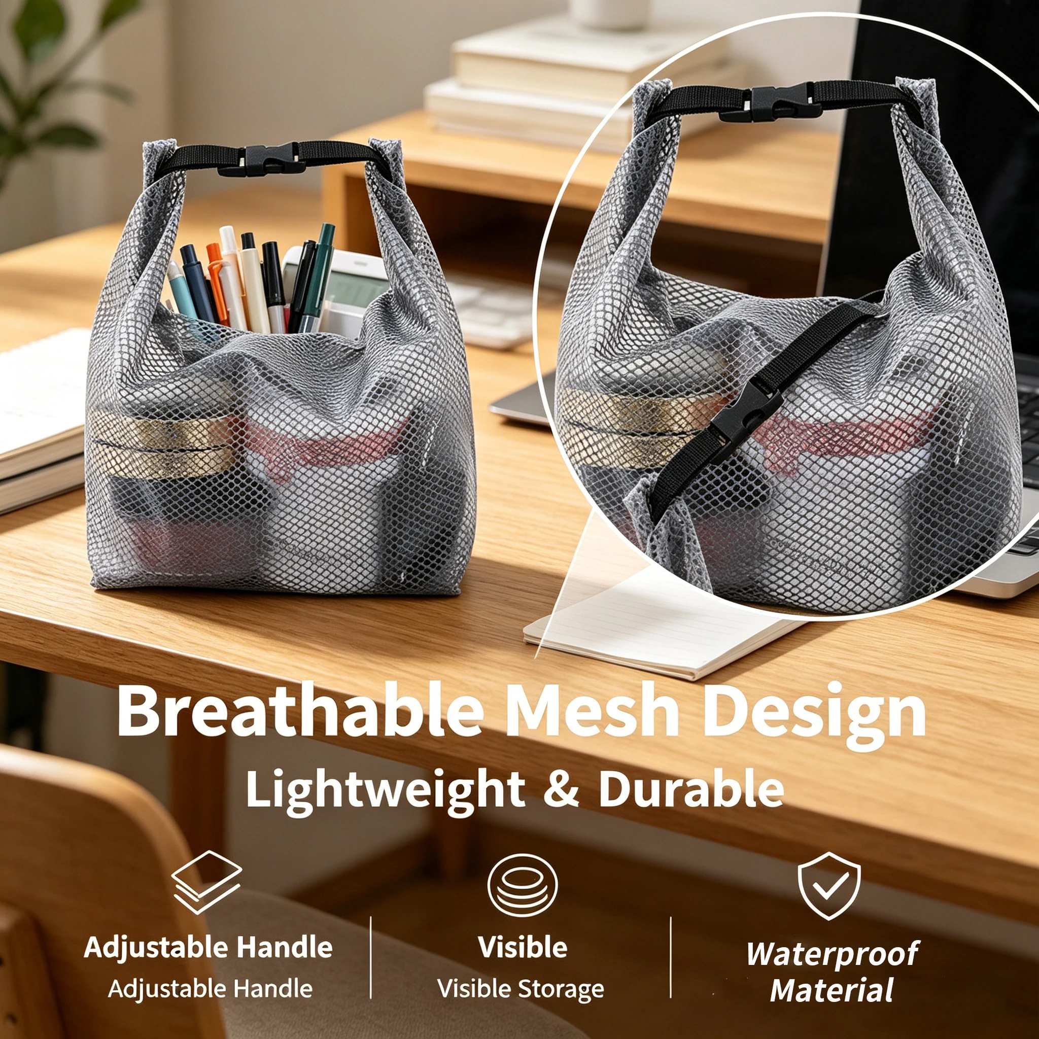 Waterproof Mesh Toiletry Bag, Drawstring Cosmetic Organizer with Quick-Release Buckle, Transparent Pouch for Travel, Gym, and Ba