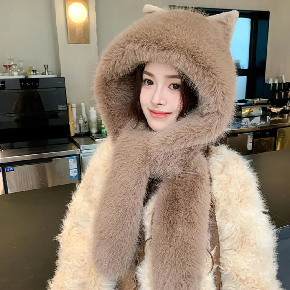 

Winter Ear Hat with Integrated Scarf Thick Warm Faux Fur Big Bow Decor Windproof Hiking Travel Cold Weather Cap