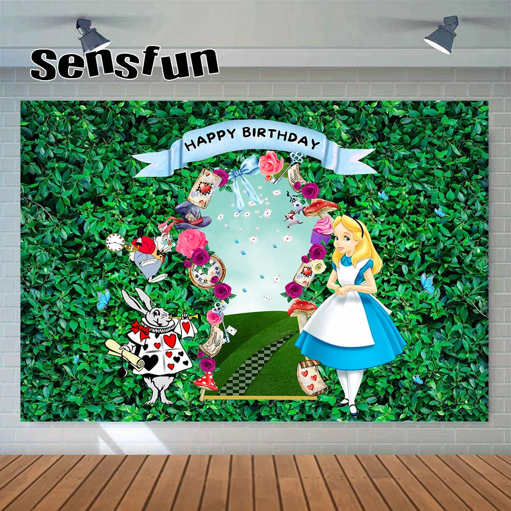 خلفية أليس في بلاد العجائب لحفلات الشاي أوراق خضراء جدار أرنب بلاد العجائب خلفية للتصوير الفوتوغرافي دعائم الأميرة الصغيرة