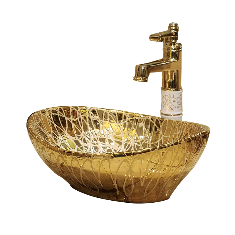

European Gold Countertop Basin, Gold Plated Art Basin Bathroom Oval Ceramic Washbasin