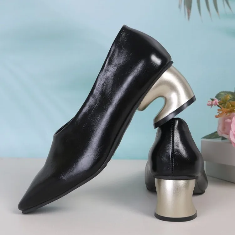 Designer comfortable soft leather high heels for women, chunky square-toe shoes, autumn new style with unique heels