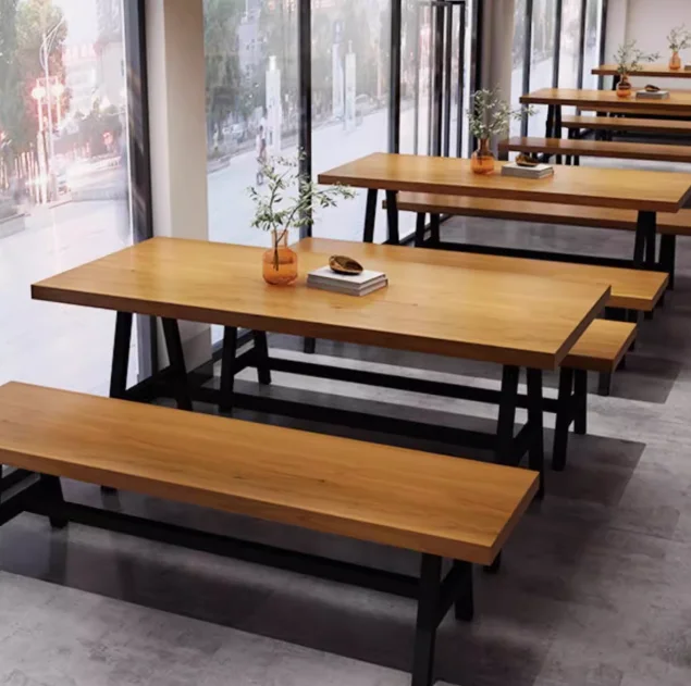 

Wood Long Table Chair Combination for Hotel for Restaurant Coffee Shop Canteen Hotpot Dining Table Bench Set