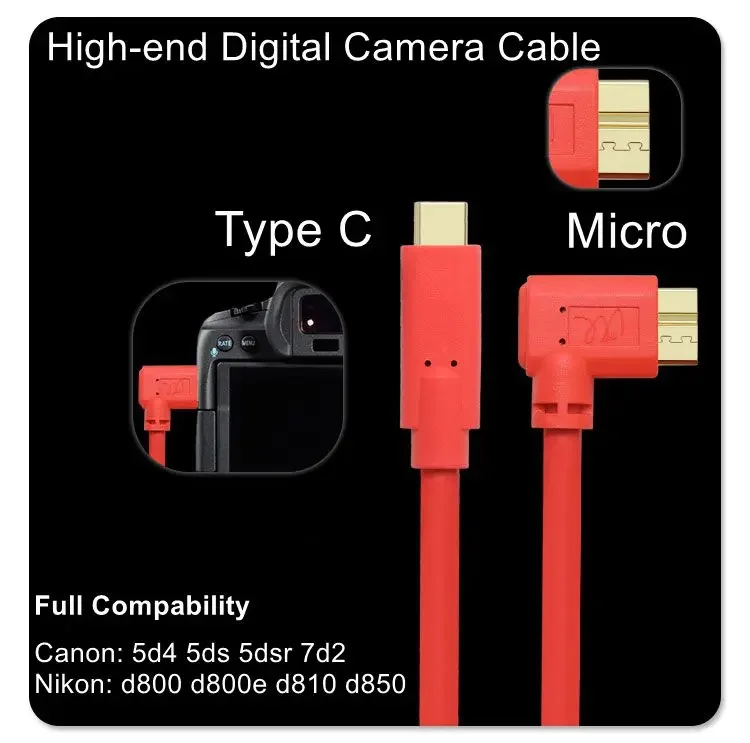 Kątowy kabel USB 3.0 Type-C Micro-B do aparatu Canon 5d4 5DS 5DSR Nikon D800 D800e D810 D850 SLR do komputera