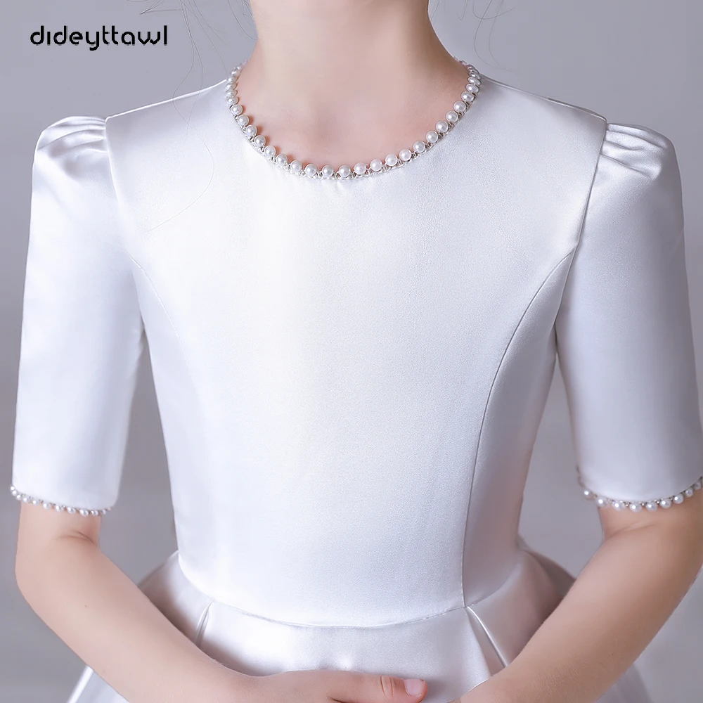 Dideyttawl-vestido de primera comunión para niña, Vestido de manga corta con perlas de satén blanco suave, vestido de dama de honor Junior para fiesta de bodas y conciertos