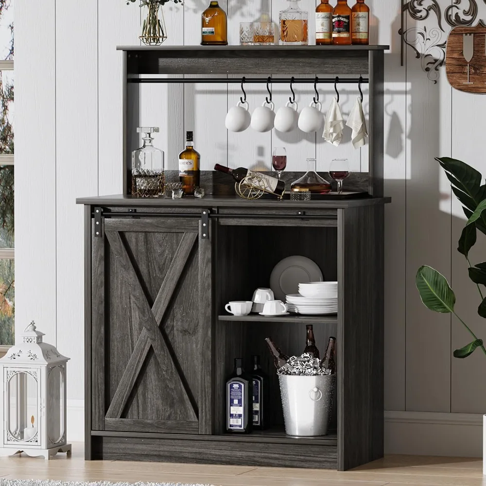 Farmhouse Coffee Bar Cabinet with 6 Hooks, 50'' Kitchen Buffet Hutch Cabinet with Sliding Barn Door, Small Coffee Bar Table