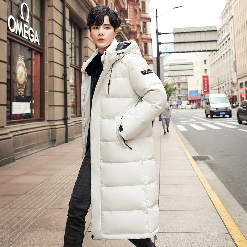 2023 Men's Down Jacket Mid-Length Winter Thick 90% White Duck Warm Korean Fashion Hooded Multi-Pockets Overcoat Men