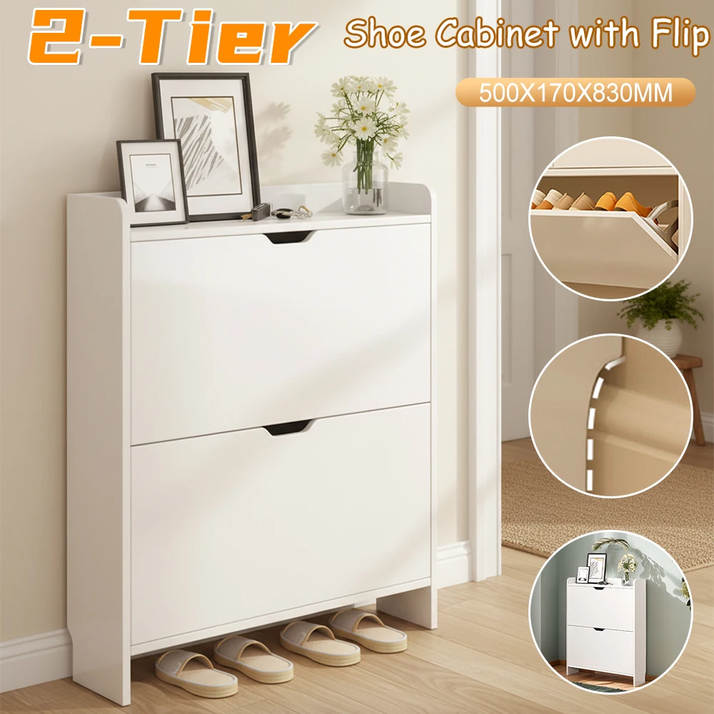 

2Tier Flip Drawer Wooden Shoe Cabinet Free-Standing Large Capacity Ultra Thin Shoe Organizer Storage Rack for Hallway Home Entry