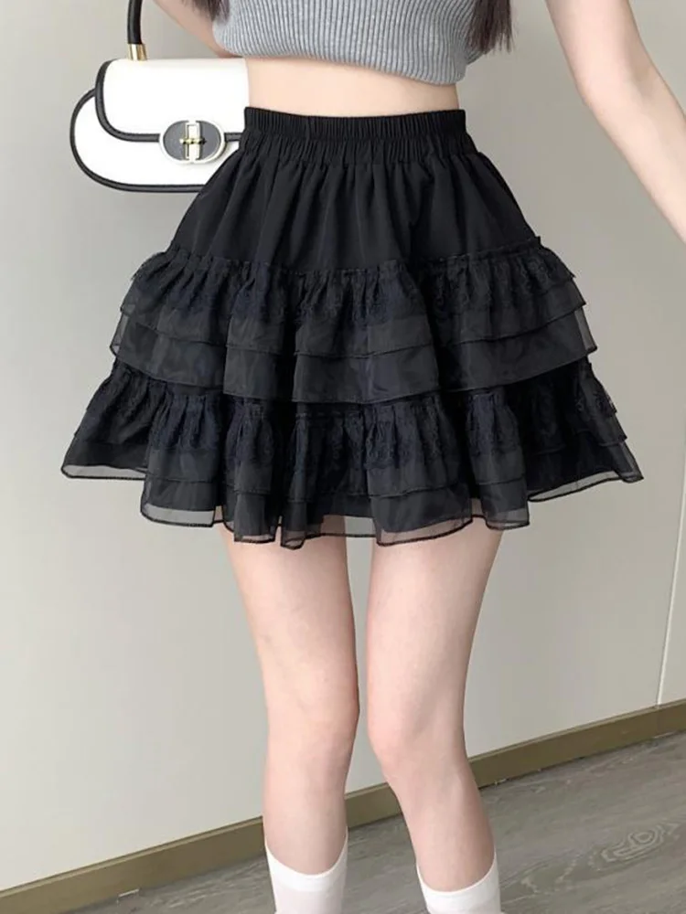 New Lace Design Short Pleated Skirt Sexy Mini Black Summer High Waist Ruffles Sweet Hottie Preppy Style Casual