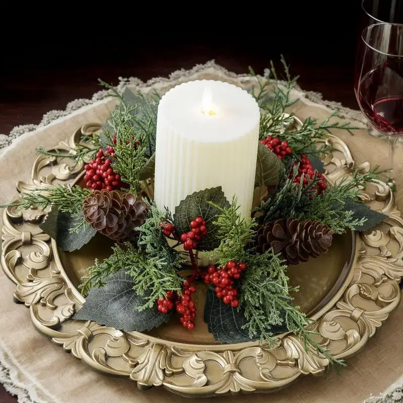 Christmas Candlestick Wreath Artificial Berry Garland Candle Ring Table Decoration Fake Leaves Wreath For Xmas Candle Holder