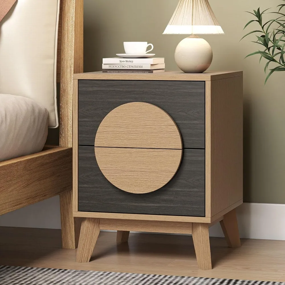 

15“Wood Night Stand - Oak Nightstand with Drawers and Round Handle,Modern Bedside Table-Small Side Table for Small Space,Living
