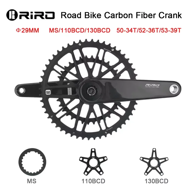 

Шатун RIRO из углеродного волокна, шоссейный велосипед, 29 мм, 11/12 скоростей, 50-34/52-36/53-39T MS, прямое крепление/110/130BCD, велосипедная шатунная звездочка