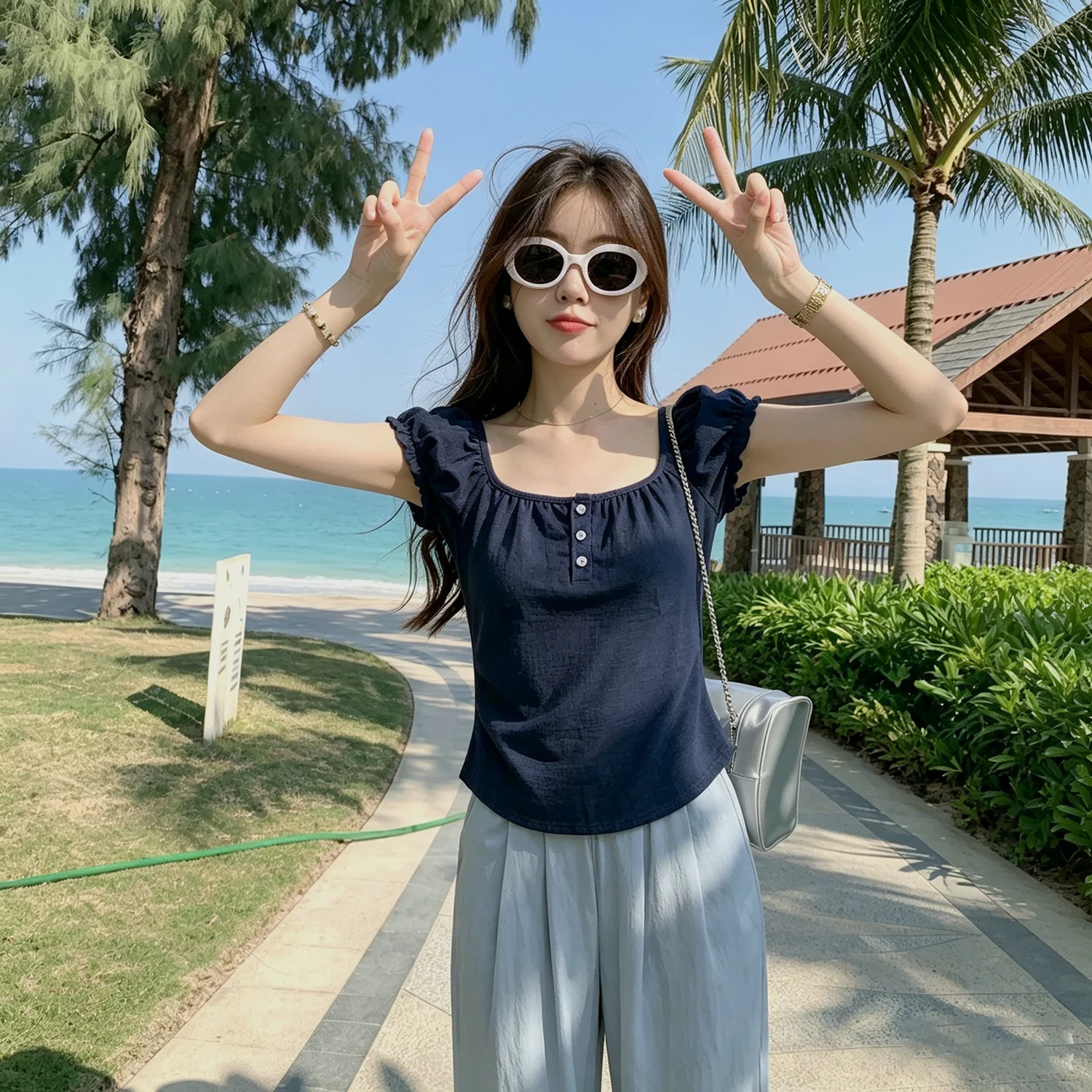 Pure Color Bubble Sleeve T-Shirt Cotton Linen Short Sleeve Button up Top Gentle Style Korean Version Slim Fit Summer Shirt