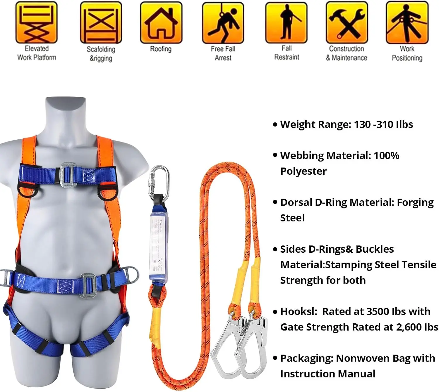 Safety Harness Fall Protection Kit: Full Body Roofing harnesses with Shock Absorbing Lanyard - Updated Comfortable Waist Pad