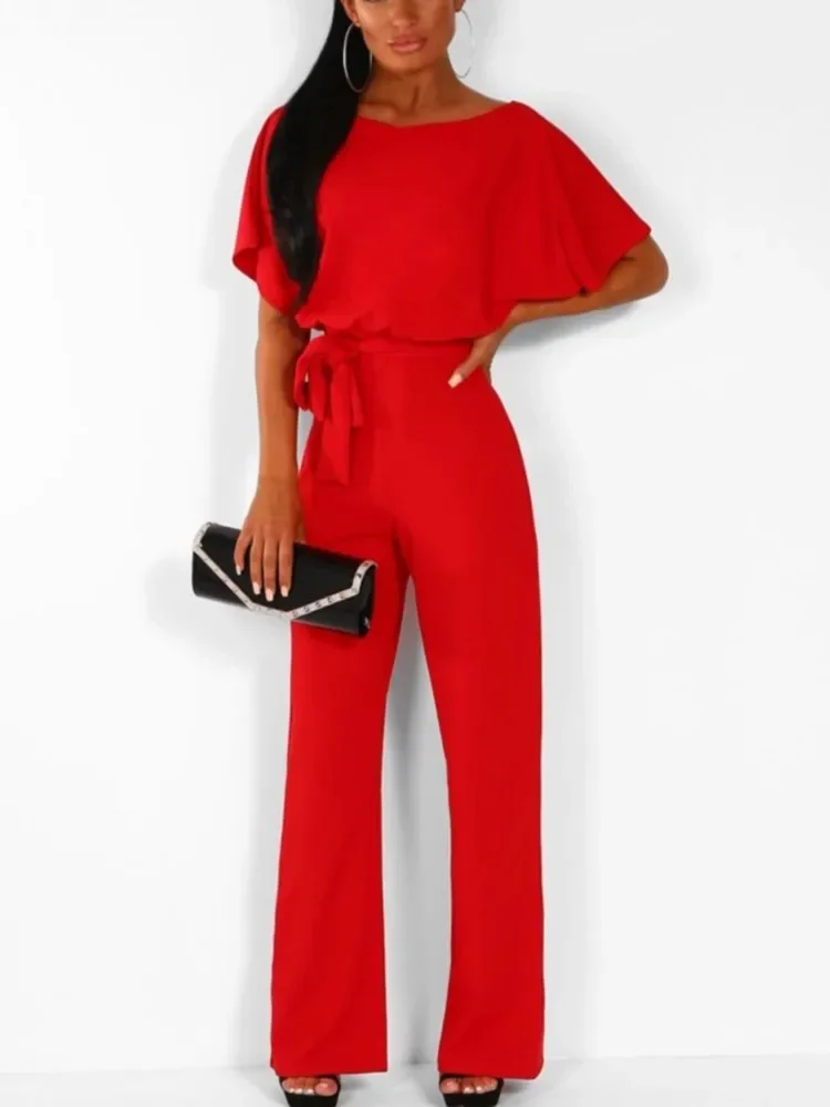 Jumpsuit lengan pendek leher Slash, Jumpsuit kantor wanita mode musim semi musim panas elegan Solid untuk wanita 2024 baju monyet satu potong