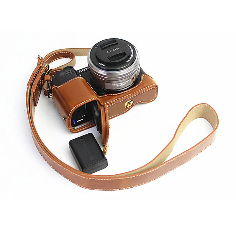 PU leather case Camera Bag Cover Pouch for Sony A6400 A6300 A6100 A6000 with 16-50mm half bottom cover With Battery Opening