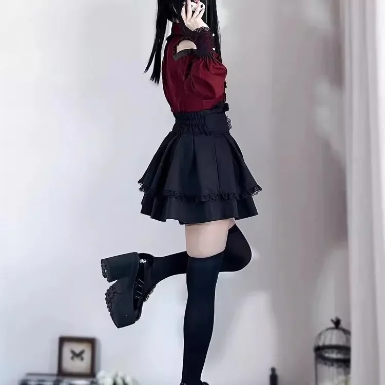

Jirai kei Outfit Lolita Girls Shirt Skirt Set Women Kawaii Bow Black Skirts Shirts Long Sleeve Shirt Y2K Sweet Japanese Lady