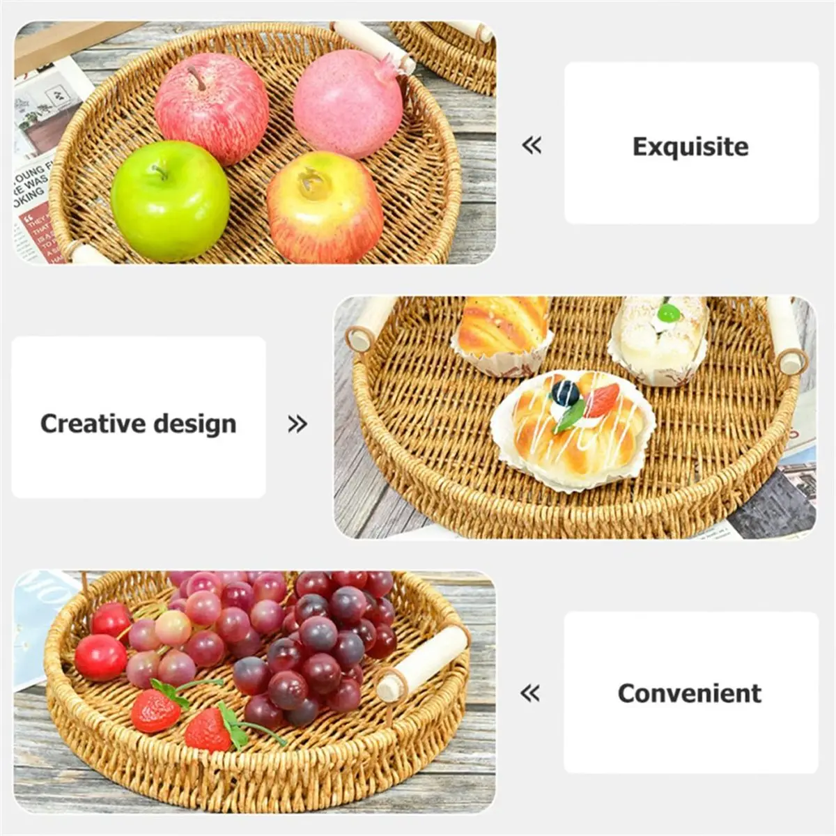 A08I Handwoven Rattan Tray & Food Storage Basket Eco-Friendly Kitchen Organizer, Farmhouse Home Decor Organizer