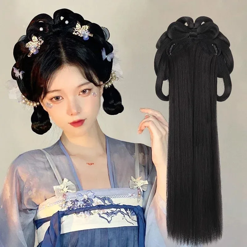 Hanfu تأثيري الباروكات النساء السود أنيمي الصينية القديمة Hanfu الباروكات القبعات اكسسوارات Hanfu طويل مستقيم الباروكات شعر مستعار أسود عقال