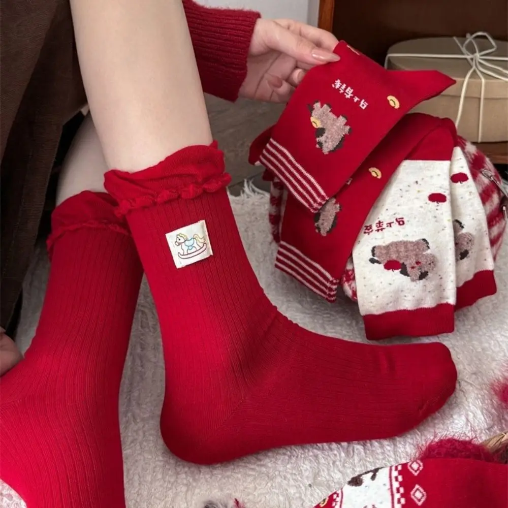 

Fashion Ruffle Horse Red Socks Chinese Style Cotton 2026 Spring Festival Socks Cartoon Autumn Winter Women Horse Tube Socks Girl