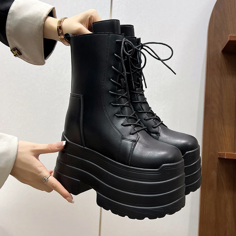 

Women's PU Leather Ankle Boots Autumn Winter 10CM Heels Sneakers Round Toe Short Boots Woman Lace-up Motorcycle Platform Botas