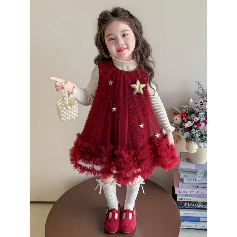 

Girls' Autumn Winter Dress2025New Style Baby Girl Vest Dress Stylish Tulle Dress Children's Dress Two-Piece Set