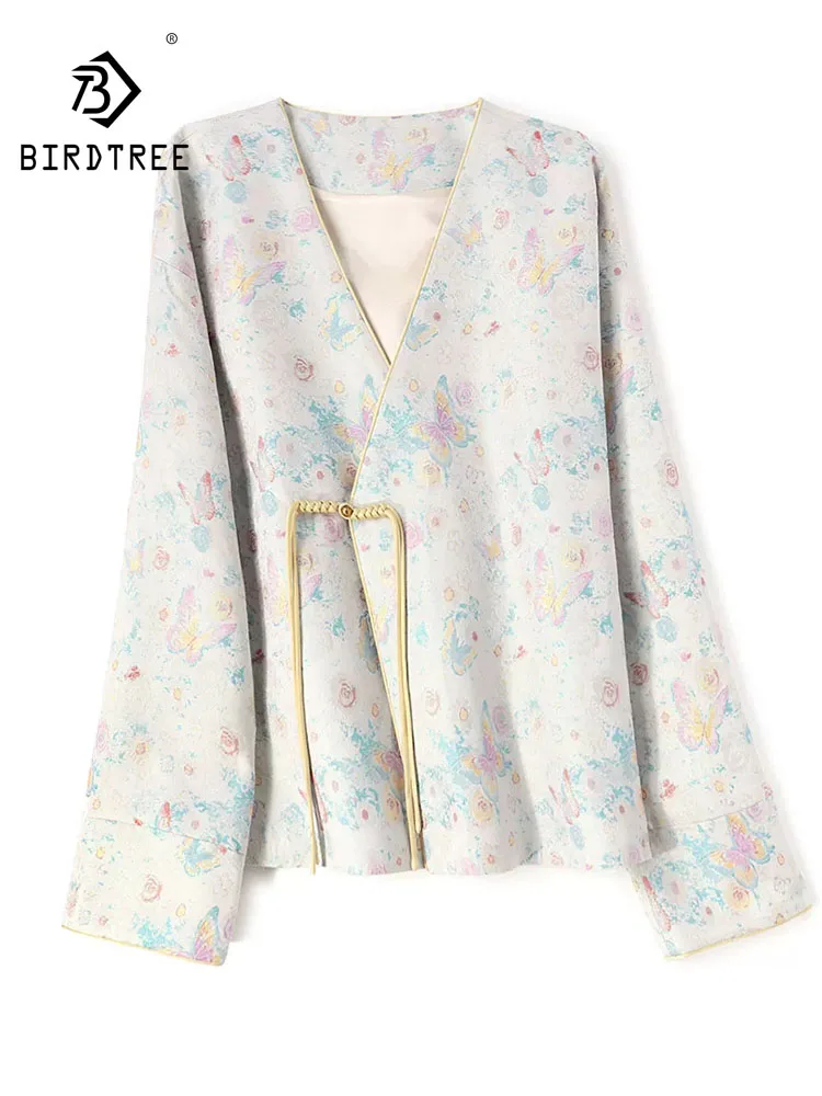 BirdTree-45MM Silk Song Brocade Elegant Coat, V Neck Jacquard, Women Retro Versatile Chic Cardigan, 2026 Autumn New C69132CC