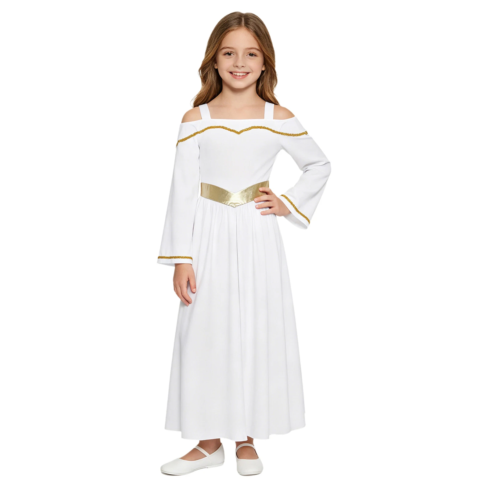 

Kids Girls Church Choir Liturgical Worship Pray Dress Angel Greek Goddesses Costume Cold Shoulder Long Sleeve Tunic Dresses