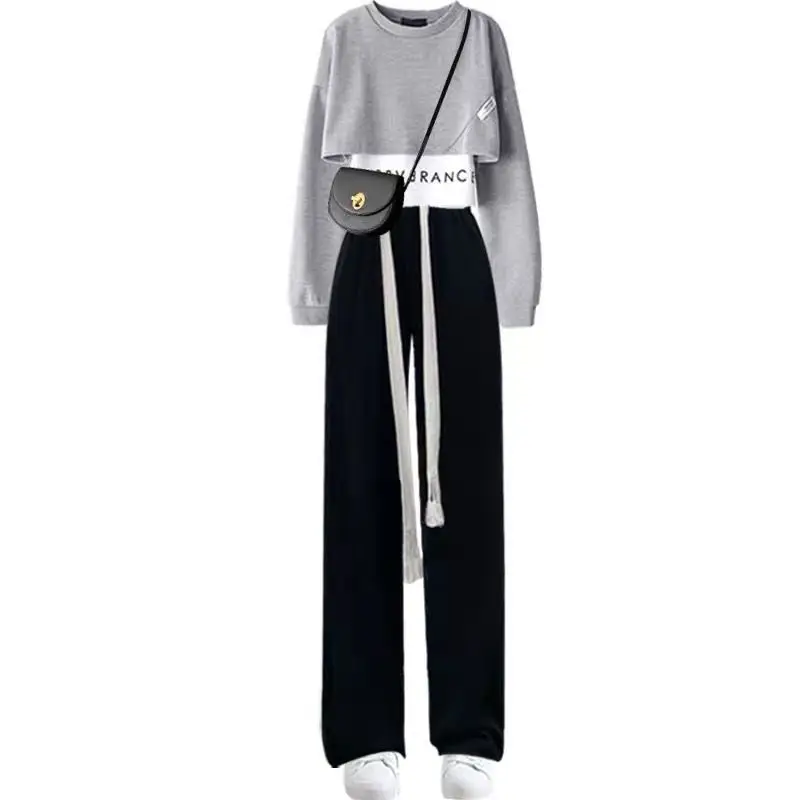 Street Wear Sweatshirt Fake Crop Top Two-piece Autumn Women\'s Korean Style High Waist Wide Leg Pants Suit