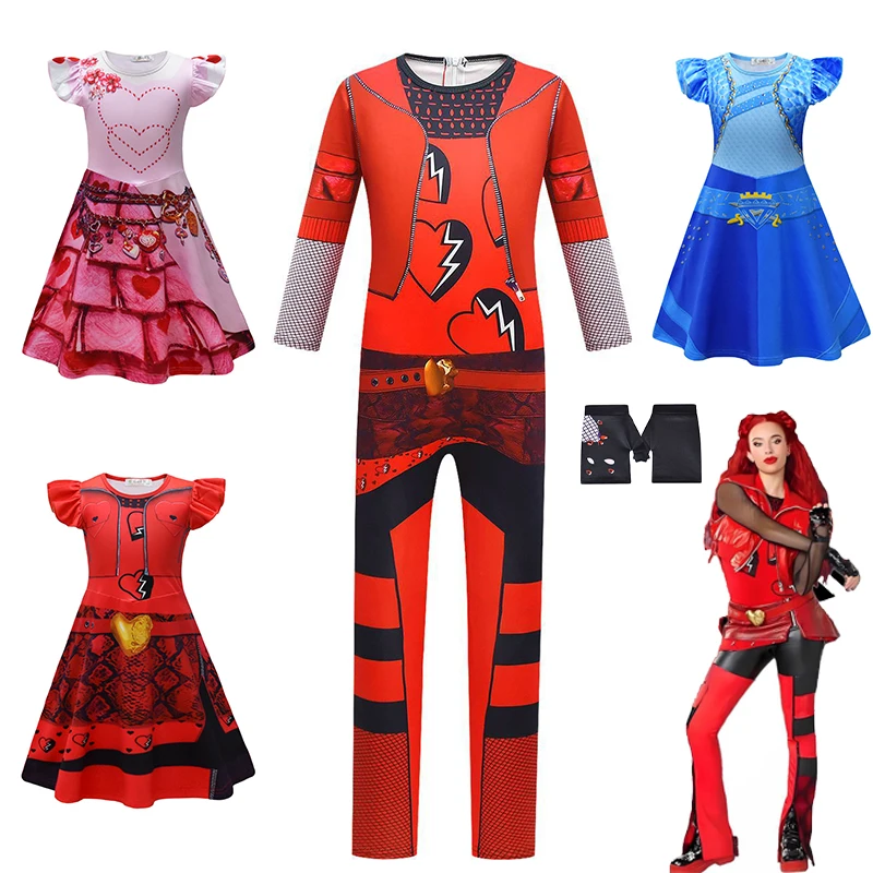 

Descendants 4 Red Cosplay Costume Jumpsuit Kids Movie The Rise of Red Chloe Princess Dress Girls Halloween Birthday Party Dress