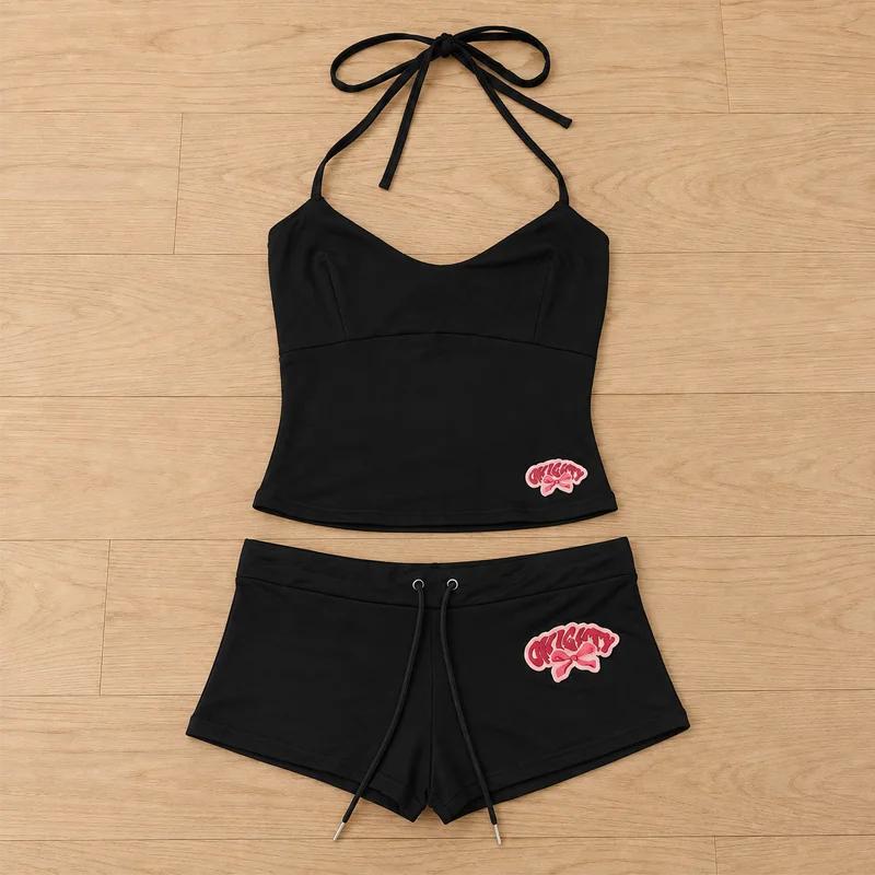 Damen 2-teiliges kurzes Set, Cami-Top, Shorts-Outfit, gerafftes Spaghetti-Träger-Crop-Top, lässiges Sommer-Matching-Set im Y2K-Stil – Detail 6