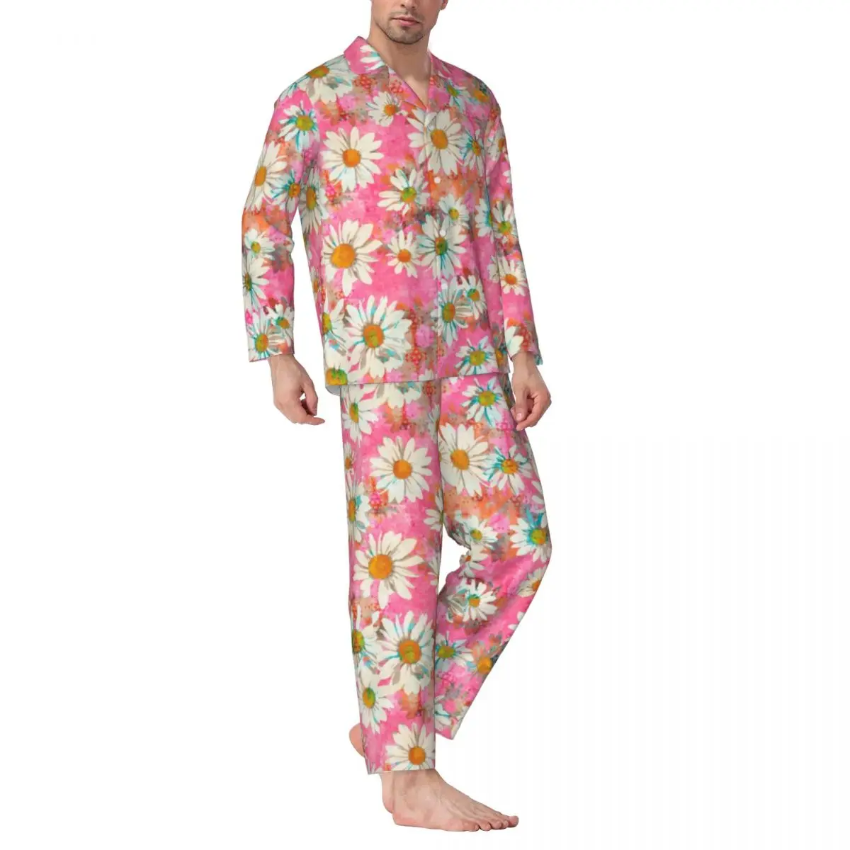 

Pajamas Male White Daisy Sleep Sleepwear Pink Floral Print 2 Piece Casual Pajamas Set Long Sleeve Kawaii Oversized Home Suit