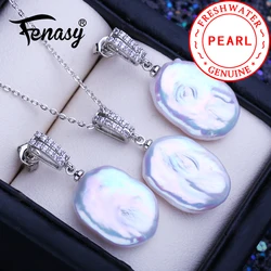 FENASY Natural Freshwater 12-16mm Big Baroque Pearl Jewelry Sets 925 Sterling Silver Pendant Necklace Wedding Drop Earrings
