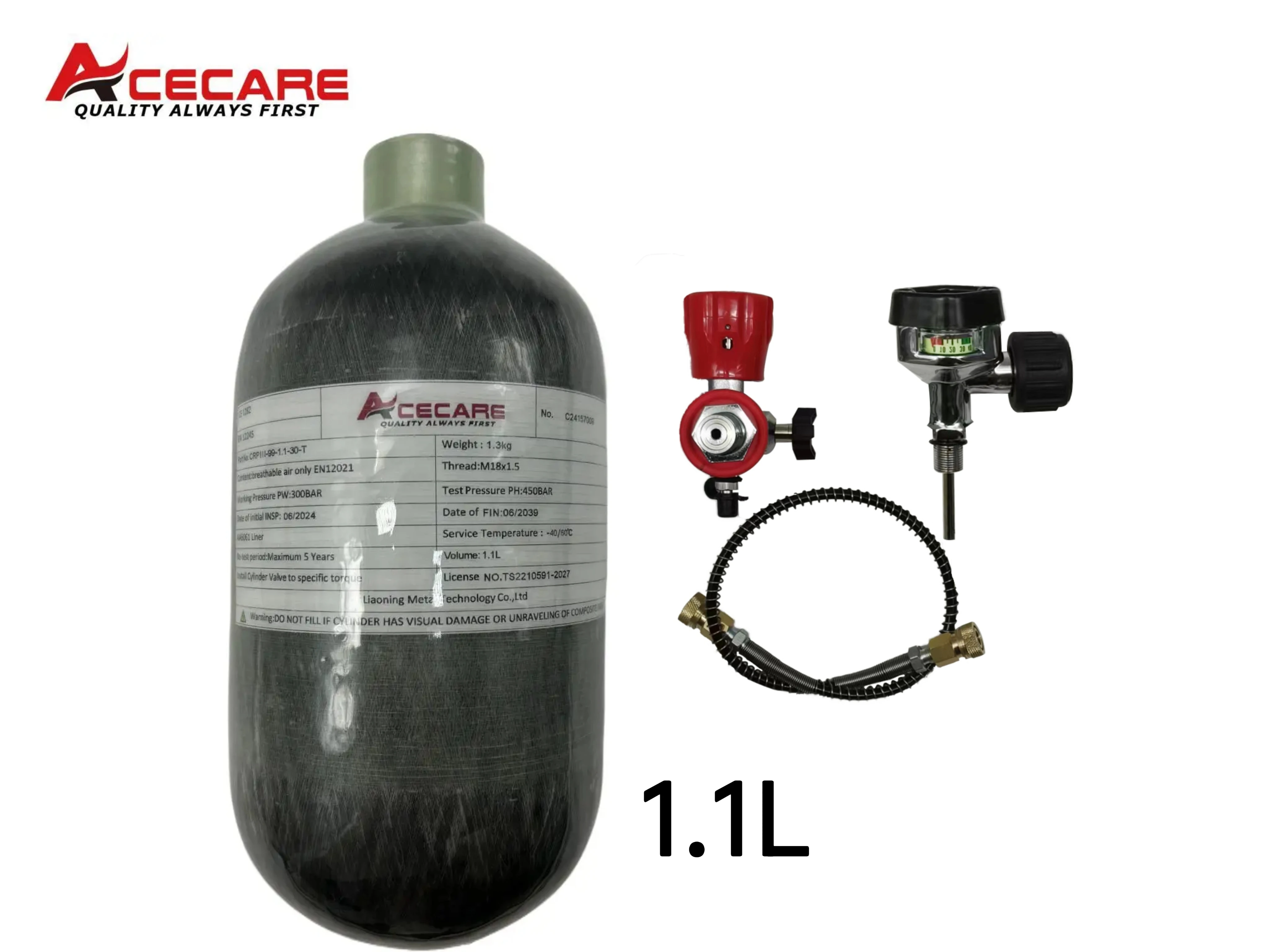 

ACECARE 1.1L Carbon Fiber Cylinder 4500psi 300Bar HPA Tank High Pressure Cylinder with Regulating Valve for Scuba Diving M18*1.5