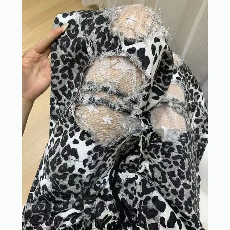 American Leopard Print Lace Patchwork Cutout Wide-Leg Pants Women's Summer Slim 2025 New Drawstring High-Waist Sportswear Pants