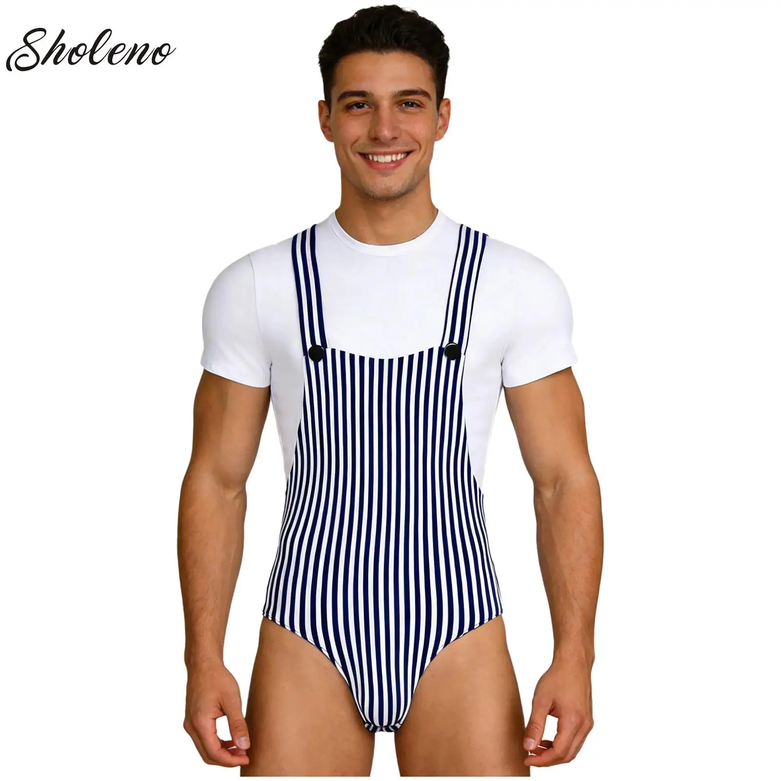 

Mens Overalls-style Striped Bodysuit Button Downs Pajama Short Sleeve Round Neck Leotard Jumpsuit Nightwear For Adults