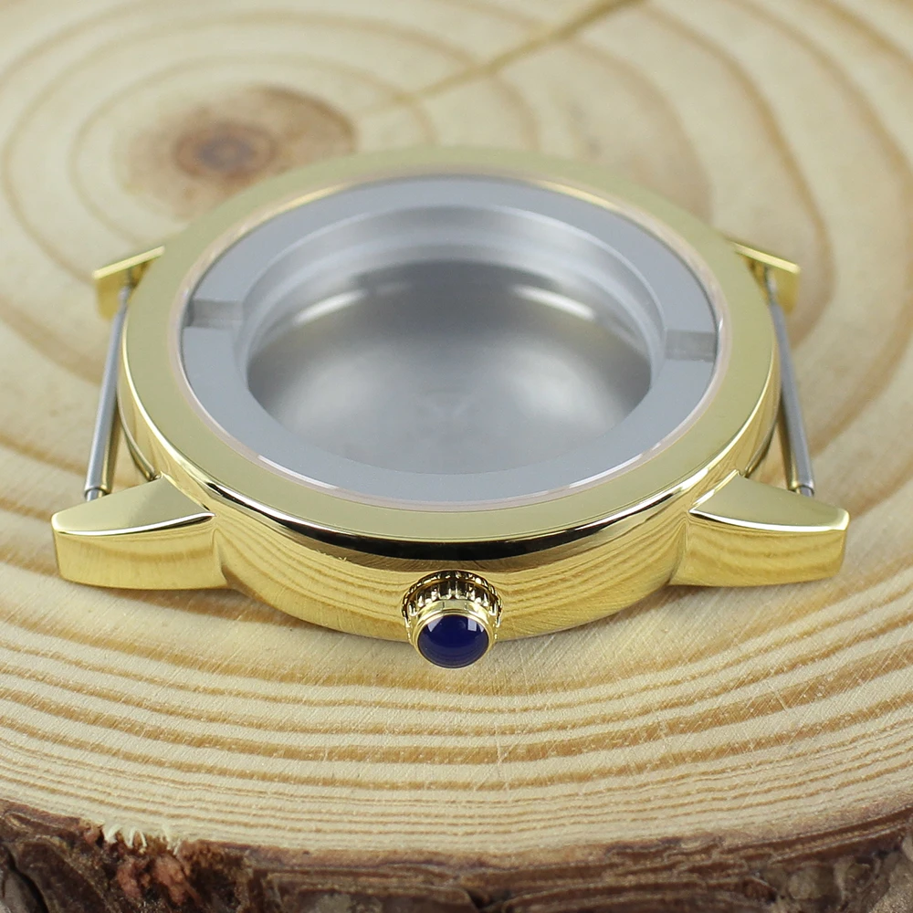 الذهب PVD 42 مللي متر حافظة ساعة من الفولاذ المقاوم للصدأ الياقوت كريستال الساعات اكسسوارات ل Eta2824 PT5000 34.5 مللي متر الطلب انظر من خلال الظهر