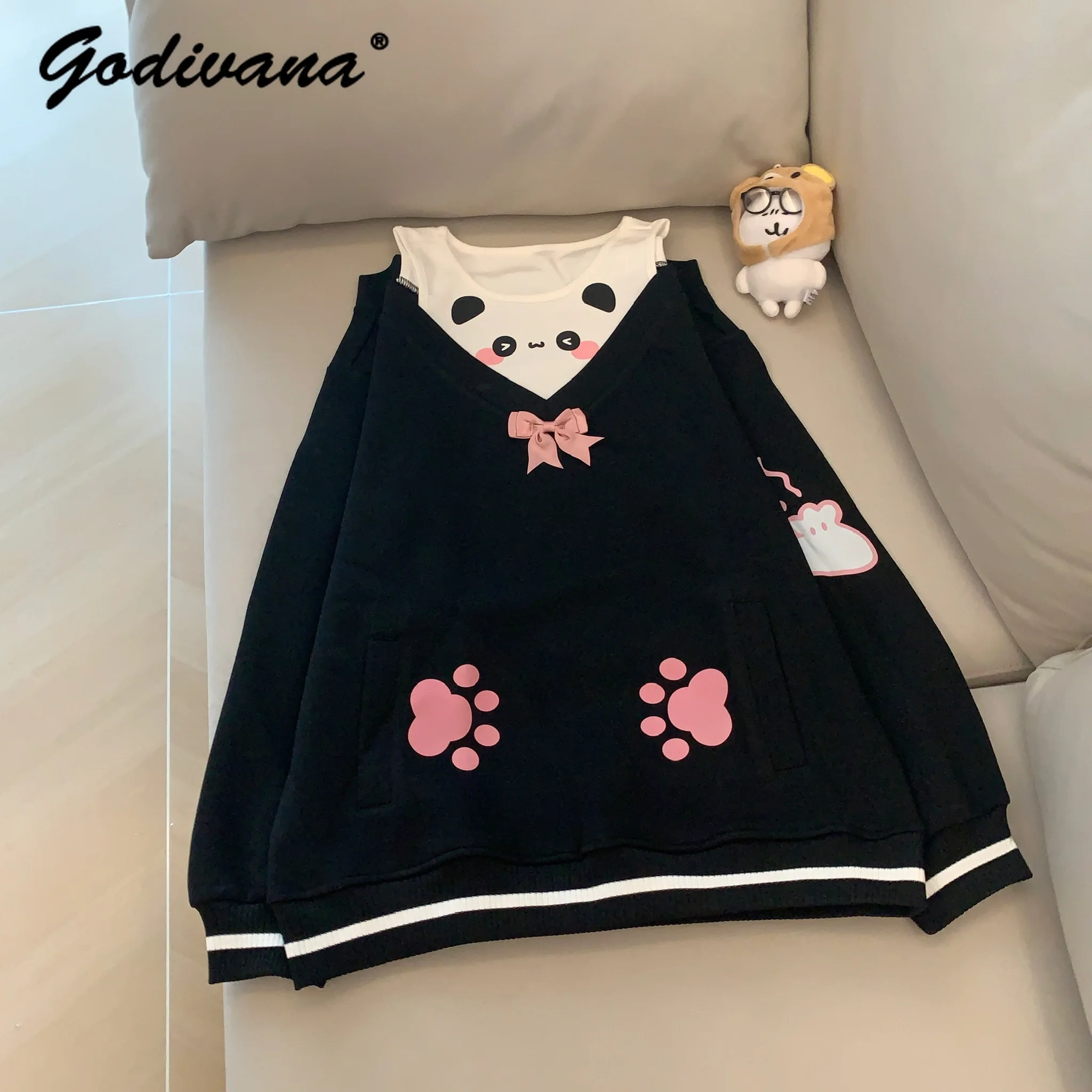 Autumn New Student Daughters Fake Two-Piece Cute Panda Off Shoulder Long Sleeve Sweatshirt Female Casual Pullover Shirts