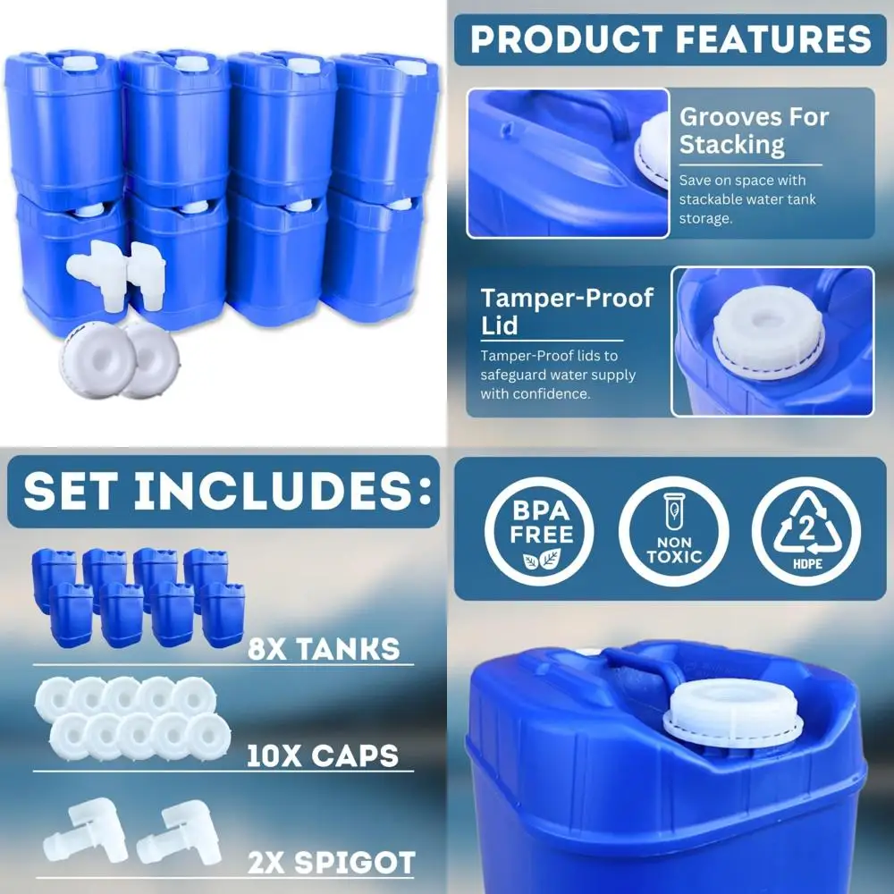 5 Gallon Stackable Water Containers with Lids and Spigot for Emergency Survival Supplies