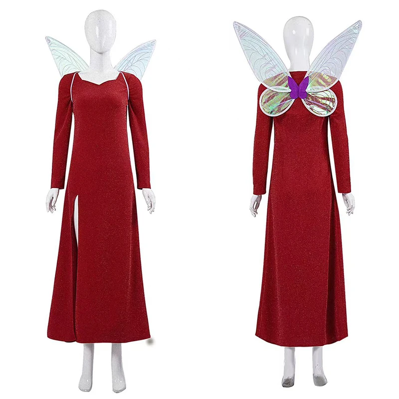 

Movie Cosplay Costumes Fairy Godmother Elf Red Long Dress For Women Halloween Carnival Party Disguise Stage Show Suit Costumes