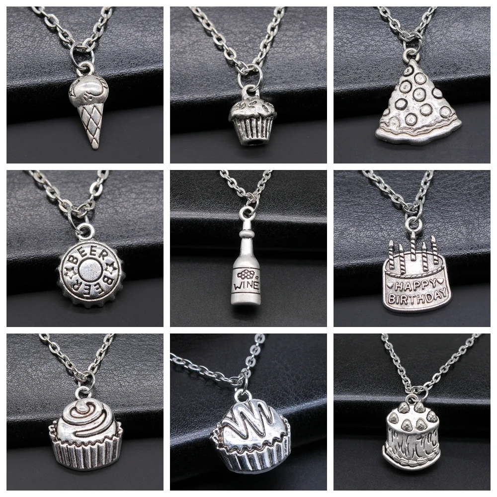 28 Styles Foodie Gift Jewelry Necklace Cupcake Birthday Cake Beer Wine Coffee Lollipop Pie Fries Ice Cream Cookie Necklace